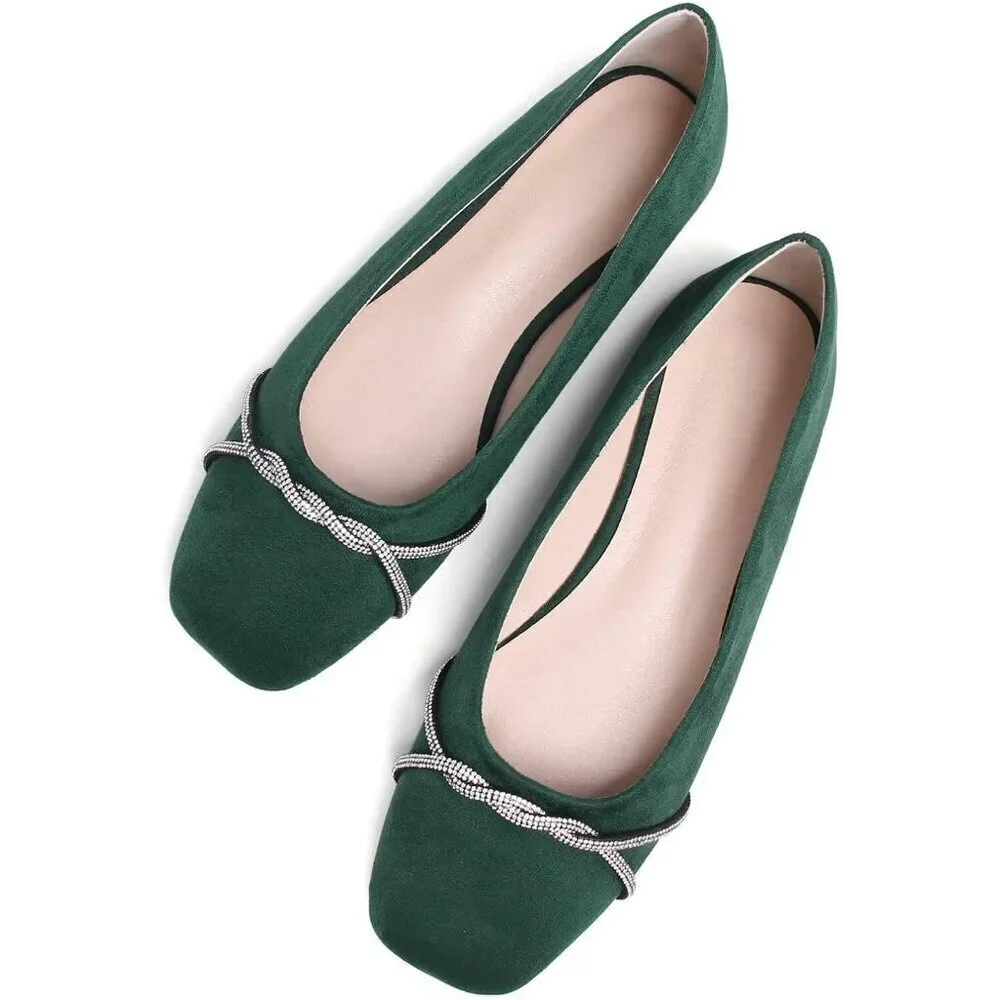 Women's Green Suede Casual Fashion Chain Pointed Toe Ballet Flat Rhinestone